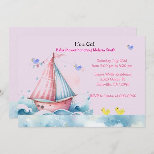 ピンク航海のの帆船ベビーガールシャワー招待状 招待状 (正面/裏面)