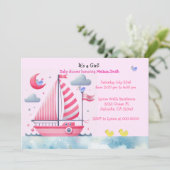 ピンク航海のの帆船ベビーガールシャワー招待状 招待状 (スタンド正面)