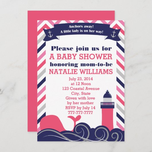 ピンク航海のの赤ちゃんシャワーまたは散水少女 招待状 (正面/裏面)