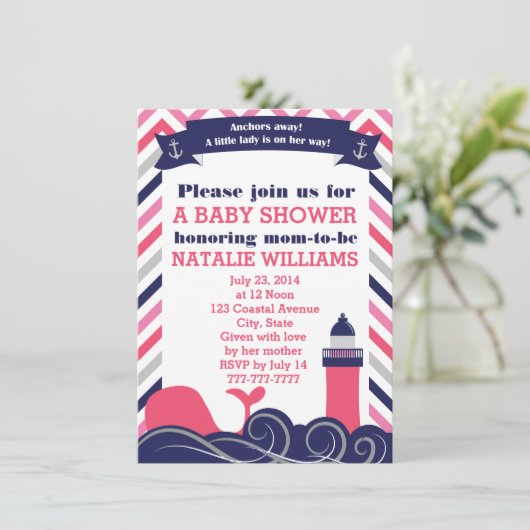 ピンク航海のの赤ちゃんシャワーまたは散水少女 招待状 (スタンド正面)