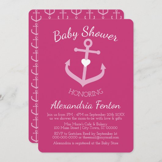 ピンク航海のをテーマにした赤ちゃんシャワー招待状 招待状 (正面/裏面)