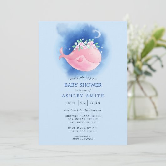 ピンク航海のククジラの水の色の女の子ベビーシャワー 招待状 (スタンド正面)