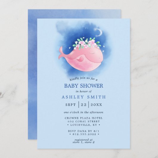 ピンク航海のククジラの水の色の女の子ベビーシャワー 招待状 (正面/裏面)