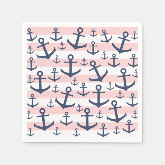 ピンク航海のクストライプネイビーブルーいかりパターン スタンダードカクテルナプキン (正面)