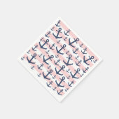 ピンク航海のクストライプネイビーブルーいかりパターン スタンダードカクテルナプキン (角)