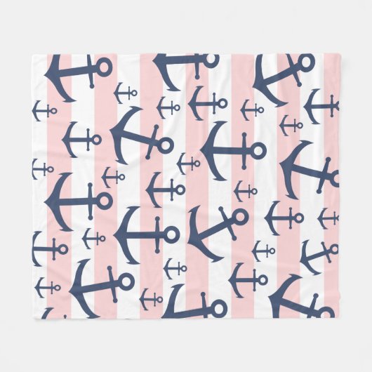 ピンク航海のクストライプネイビーブルーいかりパターン フリースブランケット (正面(横))