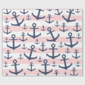 ピンク航海のクストライプネイビーブルーいかりパターン ラッピングペーパー (フラット)