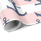 ピンク航海のクストライプネイビーブルーいかりパターン ラッピングペーパー (ロールコーナー)