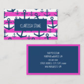 ピンク航海のクストライプネイビーブルーいかりパターン 名刺 (正面/裏面)