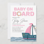 ピンク航海のベビーオンボードベビーシャワー 招待状 (正面)