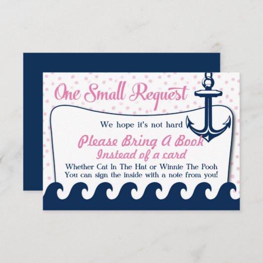 ピンク航海の色の赤ちゃんシャワーブックカードで本を持ち込む エンクロージャーカード (正面/裏面)