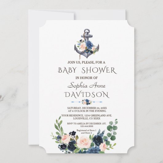 ピンク航海の赤面ブルーフローラいかりベビーシャワー 招待状 (正面)