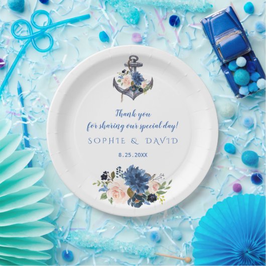 ピンク航海の赤面ブルーフローラ結婚いかり ペーパープレート (パーティー)