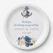 ピンク航海の赤面ブルーフローラ結婚いかり ペーパープレート (正面)