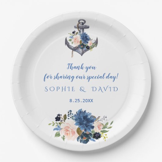 ピンク航海の赤面ブルーフローラ結婚いかり ペーパープレート (正面)