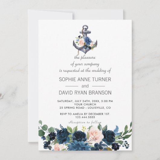 ピンク航海の赤面ブルーフローラ結婚いかり 招待状 (正面)