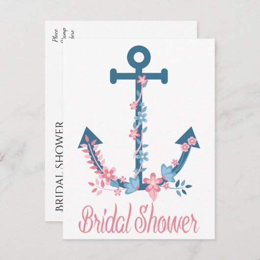 ピンク航海の&ブルーブライダルシャワーいかりフローラ インビテーションポストカード (正面/裏面)