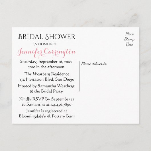 ピンク航海の&ブルーブライダルシャワーいかりフローラ インビテーションポストカード (裏面)