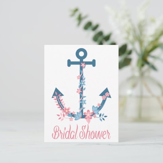 ピンク航海の&ブルーブライダルシャワーいかりフローラ インビテーションポストカード (スタンド正面)