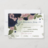 ピンク色かわいらしのネイビーブルーの花の緑の食事の選択 出欠カード (正面)