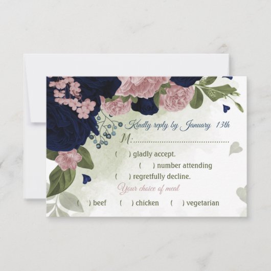 ピンク色かわいらしのネイビーブルーの花の緑の食事の選択 出欠カード (正面)