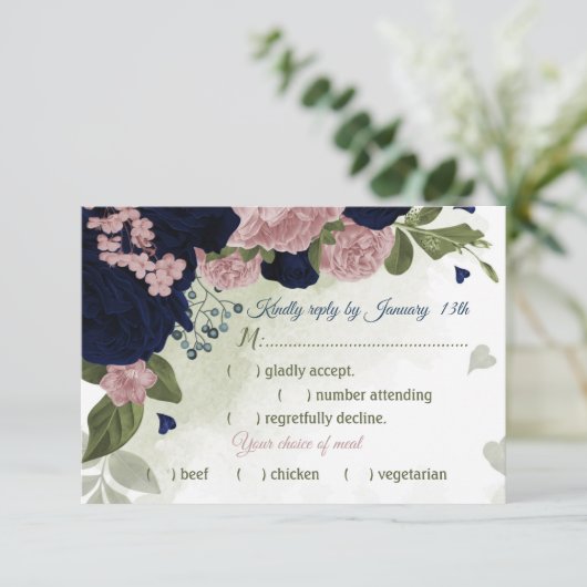 ピンク色かわいらしのネイビーブルーの花の緑の食事の選択 出欠カード (スタンド正面)