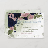 ピンク色かわいらしのネイビーブルーの花の緑の食事の選択 出欠カード (正面/裏面)