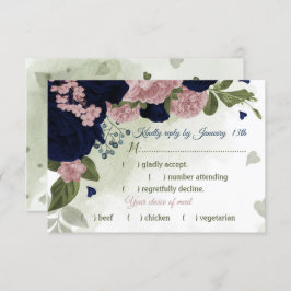 ピンク色かわいらしのネイビーブルーの花の緑の食事の選択 出欠カード