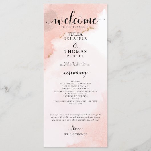 ピンク色と金ゴールド結婚の式次第 プログラム (正面)