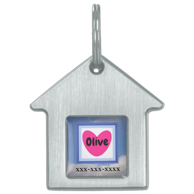 ピンク色に名前を付けた曇り空の写真かわいいハート ペットネームタグ (正面)