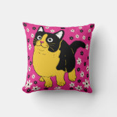 ピンク色に黒い黄色の白かわいい猫と花 クッション (正面)