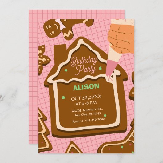 ピンク色のかわいいジンジャーパンの誕生日 招待状 (正面/裏面)