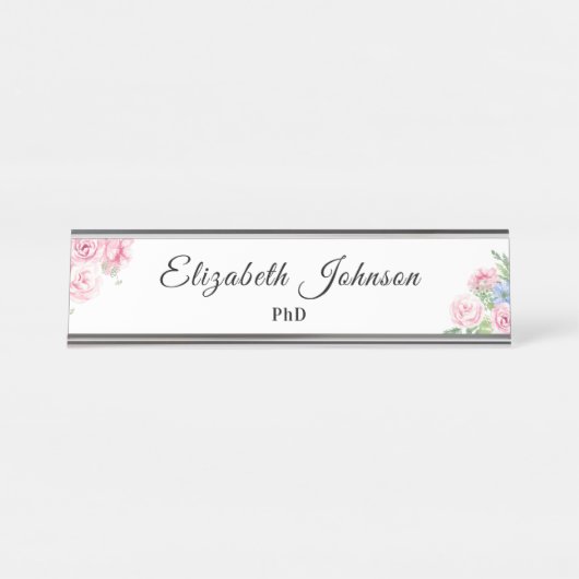 ピンク色のかわいい花/フローラ博士が任意のタイトルを卒業 デスクネームプレート (正面)