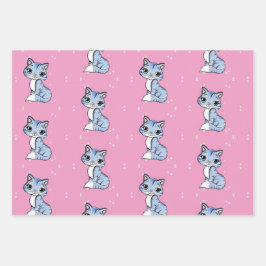 ピンク色のかわいい青い猫 ラッピングペーパーシート