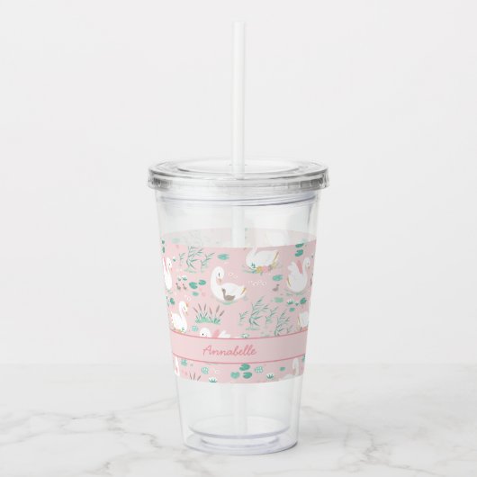 ピンク色のかわいガーリーい白鳥のフローラエレガント美しさ アクリルタンブラー (正面)