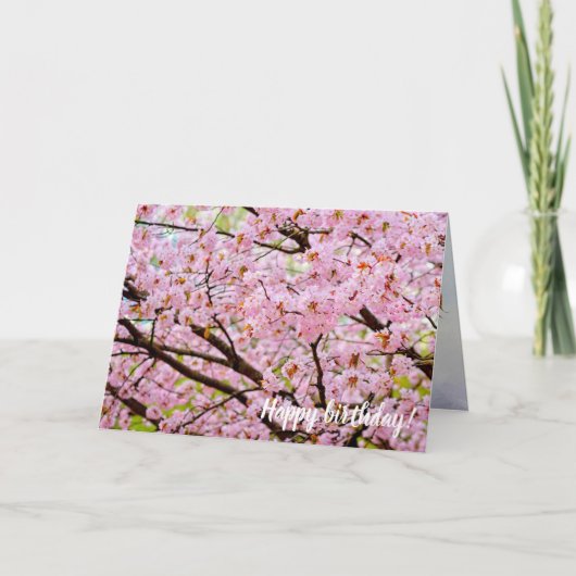 ピンク色のさくらんぼの泡が桜の木々の上に咲く カード (正面)