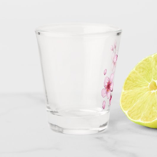 ピンク色のさくらんぼ花の模様 ショットグラス (左)