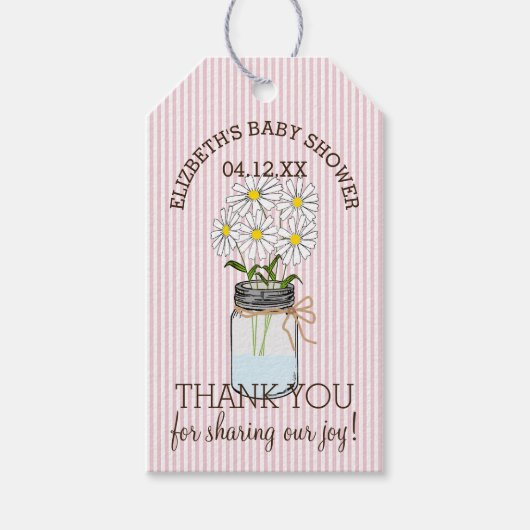 ピンク色のにメイスンストライプジャー赤ちゃんシャワーありがとう ギフトタグ (正面)