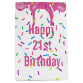 ピンク色のアイシングに21歳の誕生日を振りかける ミディアムペーパーバッグ (正面)