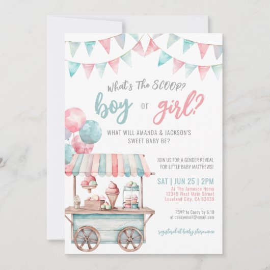 ピンク色のアイスクリーム夏の男女別リビール 招待状 (正面)