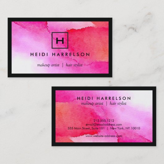 ピンク色のイニシャルとはっきりしたボックスロゴ 名刺 (正面/裏面)