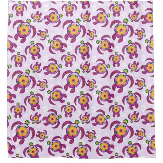 ピンク色のウミガメハイビスカス花 シャワーカーテン (正面)