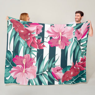 ピンク色のエキゾチックストライプの花 フリースブランケット