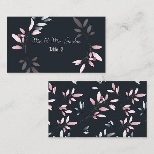 ピンク色のエレガント水色フローラエスコートカード プレイスカード (正面/裏面)