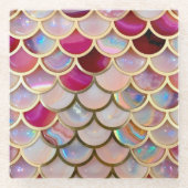 ピンク色のオパール虹色の人魚はかりで測 ガラスコースター (正面)