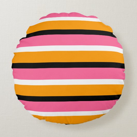 ピンク色のオレンジストライプ色の横線 ラウンドクッション (正面)