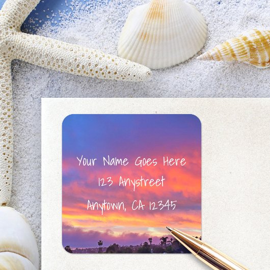 ピンク色のオレンジ色のはっきりしたサンセット写真差出人住所 スクエアシール