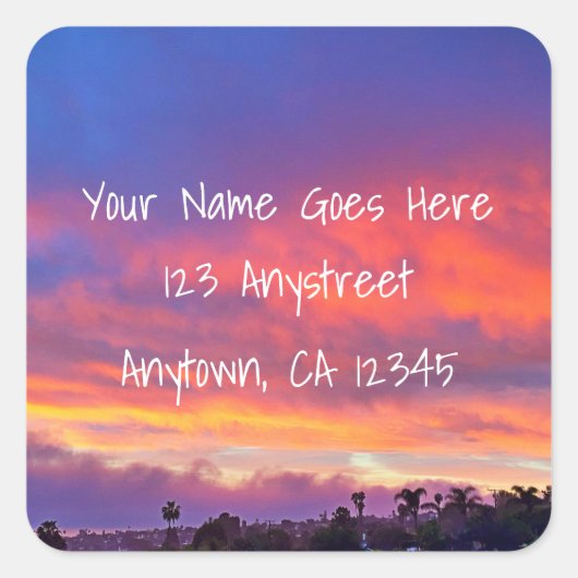 ピンク色のオレンジ色のはっきりしたサンセット写真差出人住所 スクエアシール (正面)