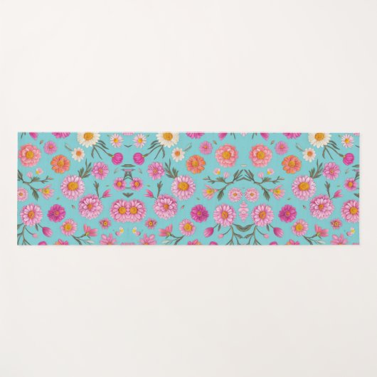 ピンク色のオレンジ色のフローラグリーン葉ティール（緑がかった色） ヨガマット (正面(横))