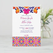 ピンク色のオレンジ色のメキシコのタイル結婚すべて 招待状 (スタンド正面)